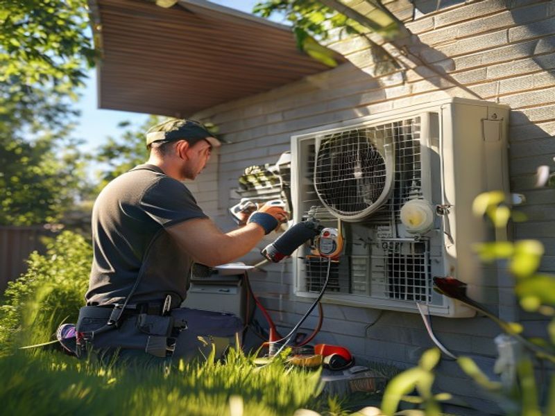 Técnico reparando unidad de aire acondicionado